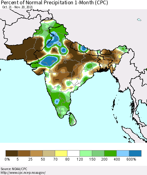 Southern Asia Percent of Normal Precipitation 1-Month (CPC) Thematic Map For 10/21/2021 - 11/20/2021
