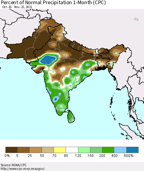 Southern Asia Percent of Normal Precipitation 1-Month (CPC) Thematic Map For 10/26/2021 - 11/25/2021