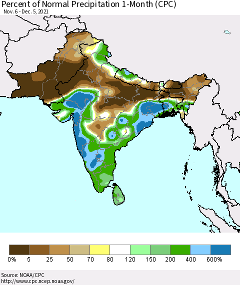 Southern Asia Percent of Normal Precipitation 1-Month (CPC) Thematic Map For 11/6/2021 - 12/5/2021