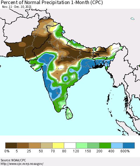 Southern Asia Percent of Normal Precipitation 1-Month (CPC) Thematic Map For 11/11/2021 - 12/10/2021