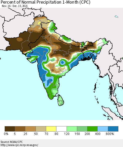 Southern Asia Percent of Normal Precipitation 1-Month (CPC) Thematic Map For 11/16/2021 - 12/15/2021