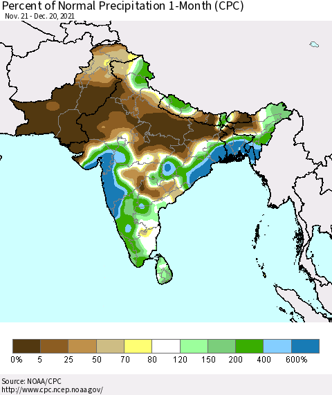 Southern Asia Percent of Normal Precipitation 1-Month (CPC) Thematic Map For 11/21/2021 - 12/20/2021