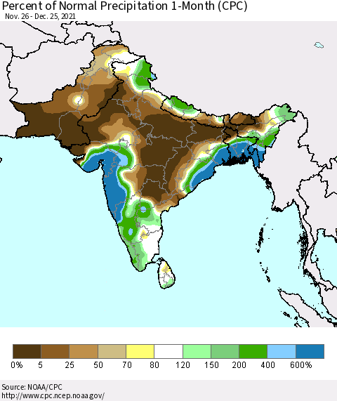 Southern Asia Percent of Normal Precipitation 1-Month (CPC) Thematic Map For 11/26/2021 - 12/25/2021