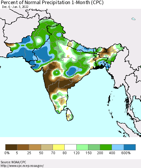 Southern Asia Percent of Normal Precipitation 1-Month (CPC) Thematic Map For 12/6/2021 - 1/5/2022