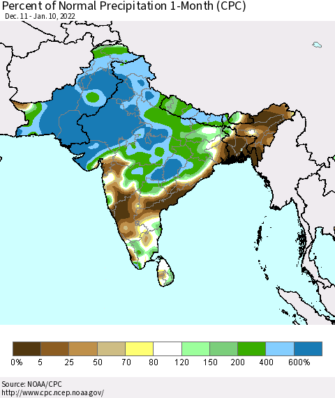 Southern Asia Percent of Normal Precipitation 1-Month (CPC) Thematic Map For 12/11/2021 - 1/10/2022