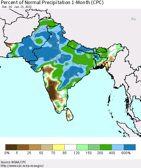 Southern Asia Percent of Normal Precipitation 1-Month (CPC) Thematic Map For 12/16/2021 - 1/15/2022