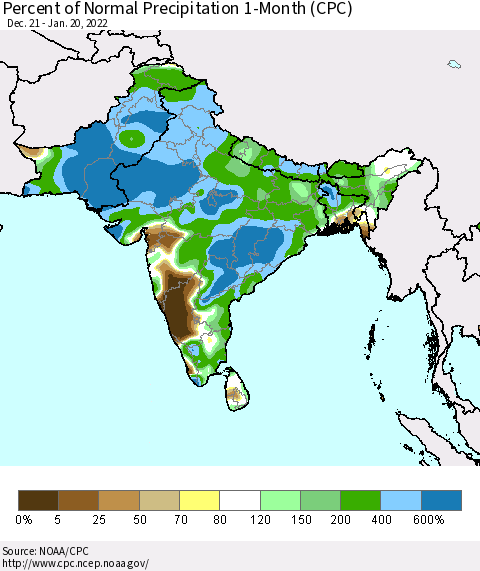 Southern Asia Percent of Normal Precipitation 1-Month (CPC) Thematic Map For 12/21/2021 - 1/20/2022