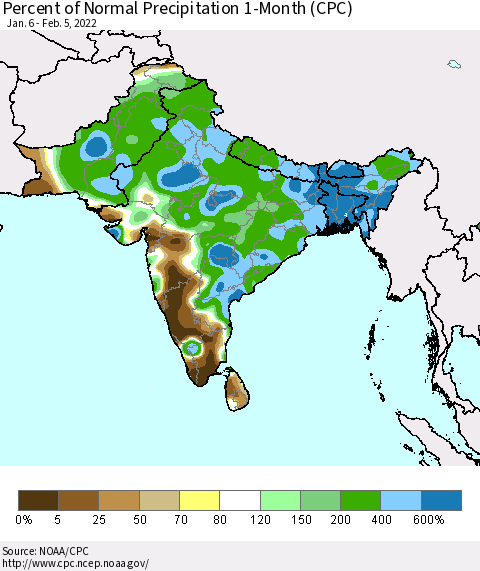 Southern Asia Percent of Normal Precipitation 1-Month (CPC) Thematic Map For 1/6/2022 - 2/5/2022