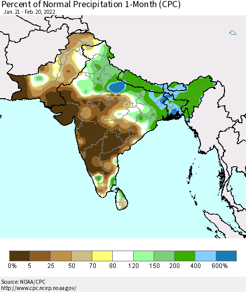 Southern Asia Percent of Normal Precipitation 1-Month (CPC) Thematic Map For 1/21/2022 - 2/20/2022
