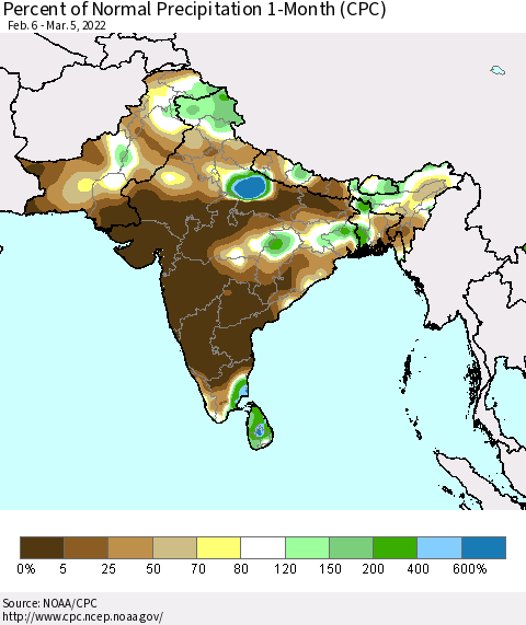 Southern Asia Percent of Normal Precipitation 1-Month (CPC) Thematic Map For 2/6/2022 - 3/5/2022