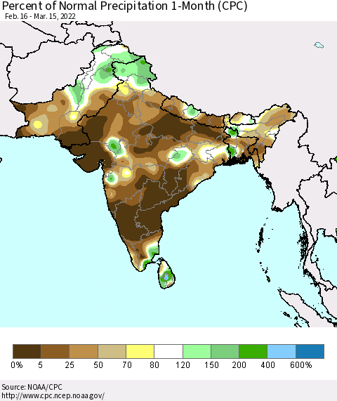 Southern Asia Percent of Normal Precipitation 1-Month (CPC) Thematic Map For 2/16/2022 - 3/15/2022