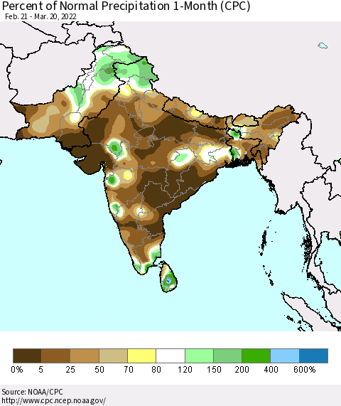Southern Asia Percent of Normal Precipitation 1-Month (CPC) Thematic Map For 2/21/2022 - 3/20/2022