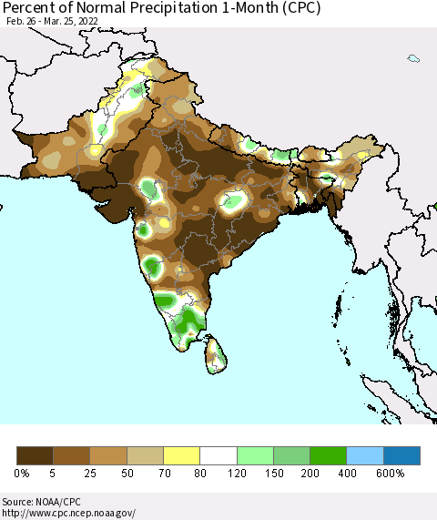 Southern Asia Percent of Normal Precipitation 1-Month (CPC) Thematic Map For 2/26/2022 - 3/25/2022