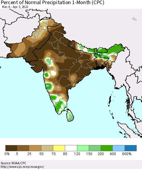 Southern Asia Percent of Normal Precipitation 1-Month (CPC) Thematic Map For 3/6/2022 - 4/5/2022