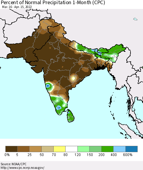 Southern Asia Percent of Normal Precipitation 1-Month (CPC) Thematic Map For 3/16/2022 - 4/15/2022