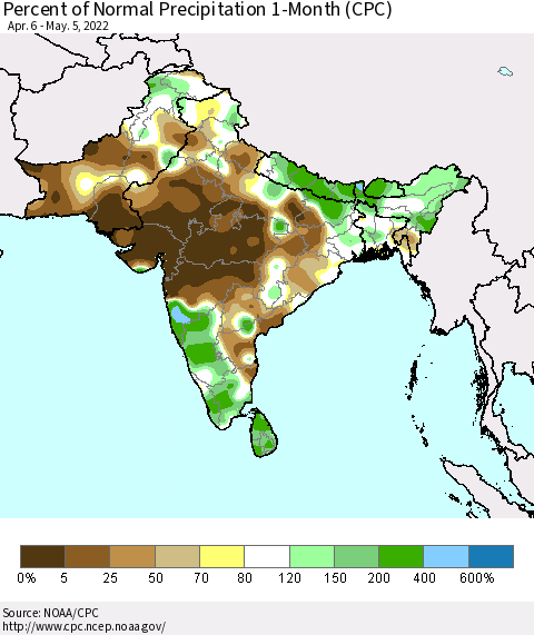 Southern Asia Percent of Normal Precipitation 1-Month (CPC) Thematic Map For 4/6/2022 - 5/5/2022