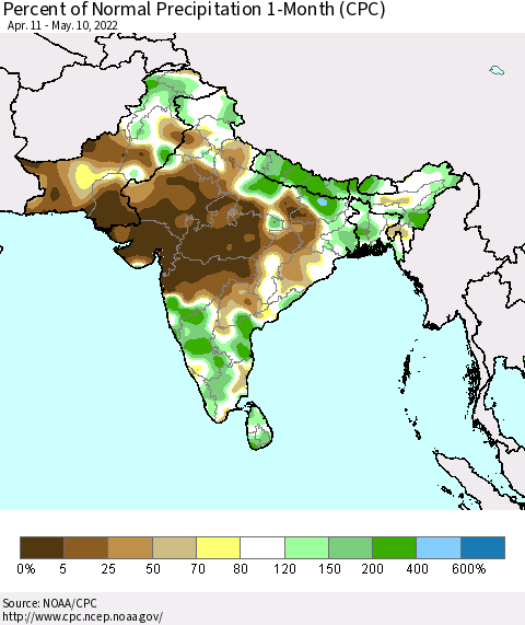 Southern Asia Percent of Normal Precipitation 1-Month (CPC) Thematic Map For 4/11/2022 - 5/10/2022