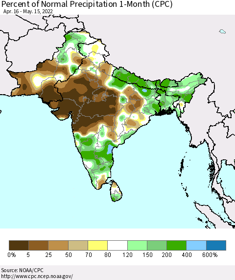 Southern Asia Percent of Normal Precipitation 1-Month (CPC) Thematic Map For 4/16/2022 - 5/15/2022