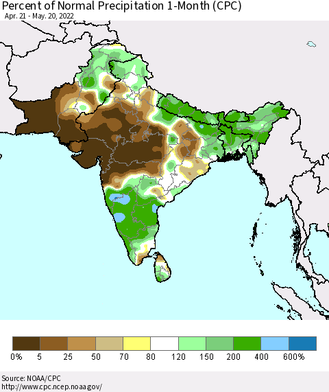 Southern Asia Percent of Normal Precipitation 1-Month (CPC) Thematic Map For 4/21/2022 - 5/20/2022