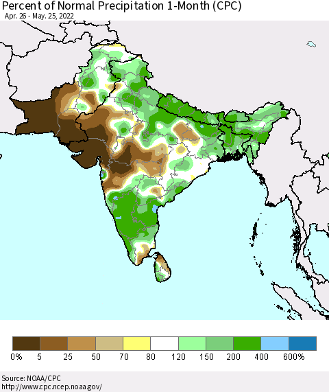 Southern Asia Percent of Normal Precipitation 1-Month (CPC) Thematic Map For 4/26/2022 - 5/25/2022