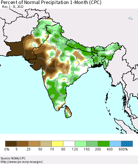 Southern Asia Percent of Normal Precipitation 1-Month (CPC) Thematic Map For 5/1/2022 - 5/31/2022