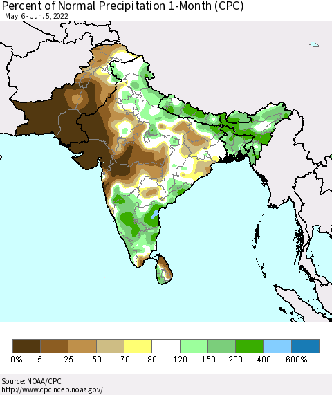 Southern Asia Percent of Normal Precipitation 1-Month (CPC) Thematic Map For 5/6/2022 - 6/5/2022
