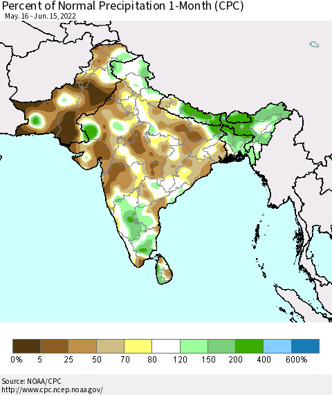 Southern Asia Percent of Normal Precipitation 1-Month (CPC) Thematic Map For 5/16/2022 - 6/15/2022