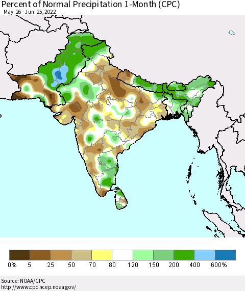 Southern Asia Percent of Normal Precipitation 1-Month (CPC) Thematic Map For 5/26/2022 - 6/25/2022