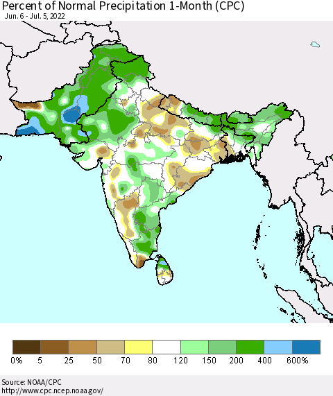 Southern Asia Percent of Normal Precipitation 1-Month (CPC) Thematic Map For 6/6/2022 - 7/5/2022