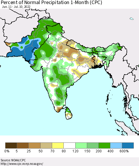Southern Asia Percent of Normal Precipitation 1-Month (CPC) Thematic Map For 6/11/2022 - 7/10/2022