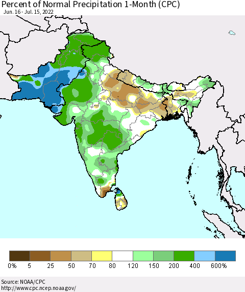 Southern Asia Percent of Normal Precipitation 1-Month (CPC) Thematic Map For 6/16/2022 - 7/15/2022