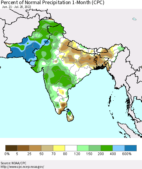 Southern Asia Percent of Normal Precipitation 1-Month (CPC) Thematic Map For 6/21/2022 - 7/20/2022