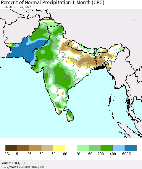 Southern Asia Percent of Normal Precipitation 1-Month (CPC) Thematic Map For 6/26/2022 - 7/25/2022