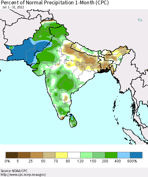Southern Asia Percent of Normal Precipitation 1-Month (CPC) Thematic Map For 7/1/2022 - 7/31/2022