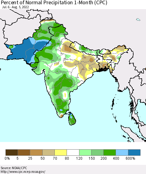 Southern Asia Percent of Normal Precipitation 1-Month (CPC) Thematic Map For 7/6/2022 - 8/5/2022