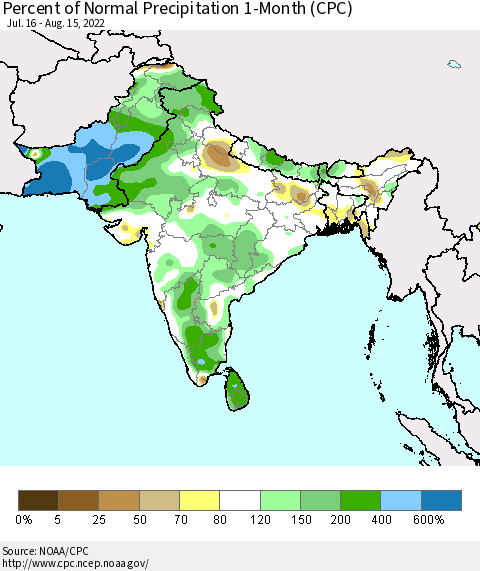 Southern Asia Percent of Normal Precipitation 1-Month (CPC) Thematic Map For 7/16/2022 - 8/15/2022