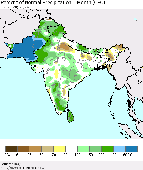 Southern Asia Percent of Normal Precipitation 1-Month (CPC) Thematic Map For 7/21/2022 - 8/20/2022