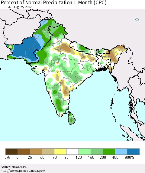 Southern Asia Percent of Normal Precipitation 1-Month (CPC) Thematic Map For 7/26/2022 - 8/25/2022