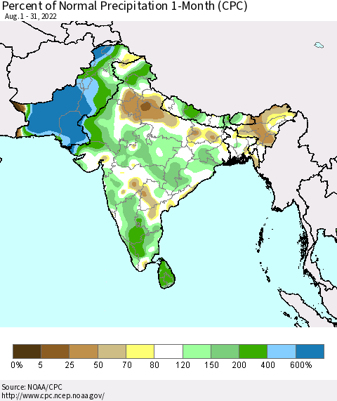 Southern Asia Percent of Normal Precipitation 1-Month (CPC) Thematic Map For 8/1/2022 - 8/31/2022