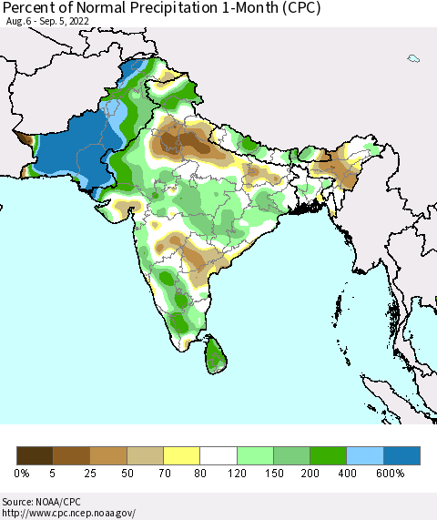 Southern Asia Percent of Normal Precipitation 1-Month (CPC) Thematic Map For 8/6/2022 - 9/5/2022