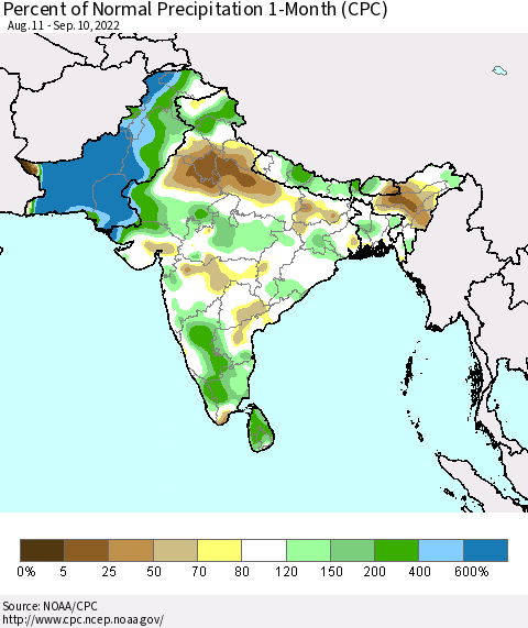 Southern Asia Percent of Normal Precipitation 1-Month (CPC) Thematic Map For 8/11/2022 - 9/10/2022