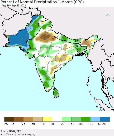 Southern Asia Percent of Normal Precipitation 1-Month (CPC) Thematic Map For 8/16/2022 - 9/15/2022