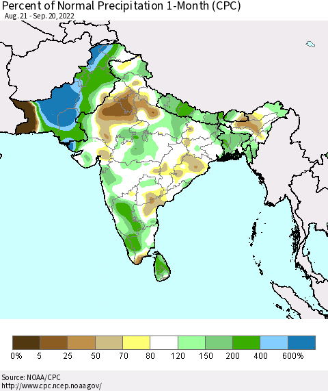Southern Asia Percent of Normal Precipitation 1-Month (CPC) Thematic Map For 8/21/2022 - 9/20/2022