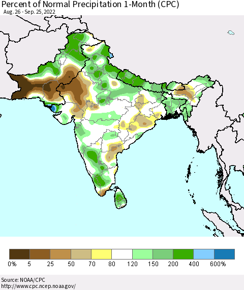 Southern Asia Percent of Normal Precipitation 1-Month (CPC) Thematic Map For 8/26/2022 - 9/25/2022