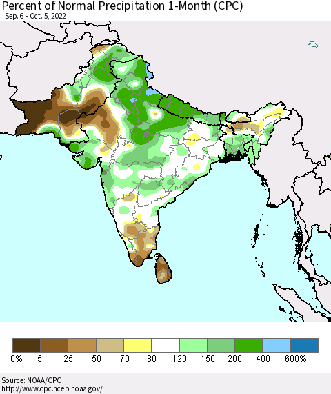 Southern Asia Percent of Normal Precipitation 1-Month (CPC) Thematic Map For 9/6/2022 - 10/5/2022