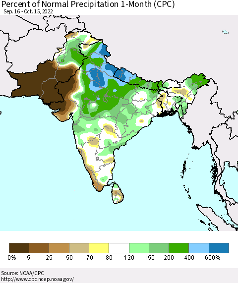 Southern Asia Percent of Normal Precipitation 1-Month (CPC) Thematic Map For 9/16/2022 - 10/15/2022