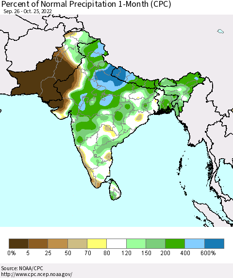 Southern Asia Percent of Normal Precipitation 1-Month (CPC) Thematic Map For 9/26/2022 - 10/25/2022