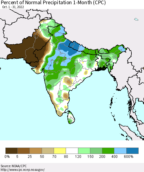 Southern Asia Percent of Normal Precipitation 1-Month (CPC) Thematic Map For 10/1/2022 - 10/31/2022