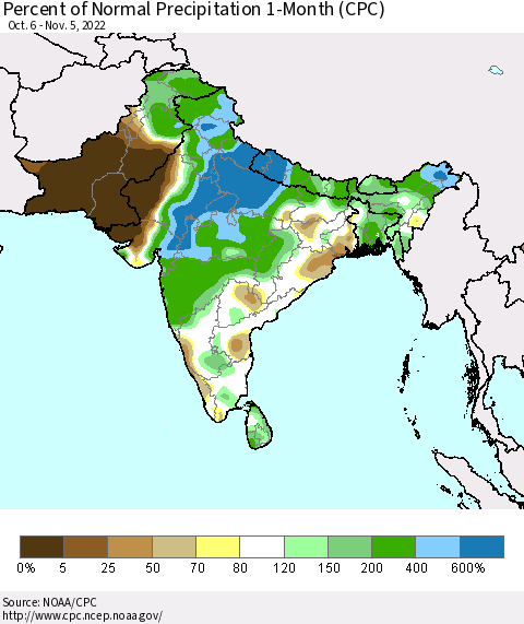 Southern Asia Percent of Normal Precipitation 1-Month (CPC) Thematic Map For 10/6/2022 - 11/5/2022