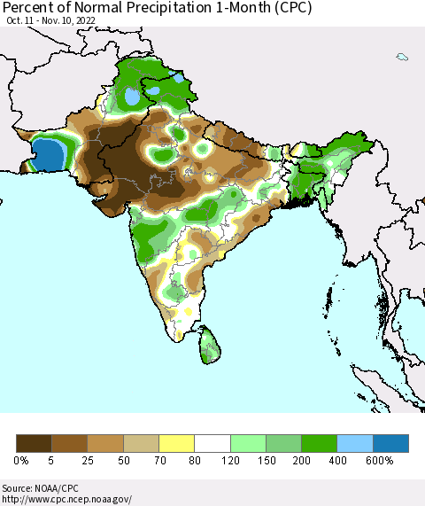 Southern Asia Percent of Normal Precipitation 1-Month (CPC) Thematic Map For 10/11/2022 - 11/10/2022